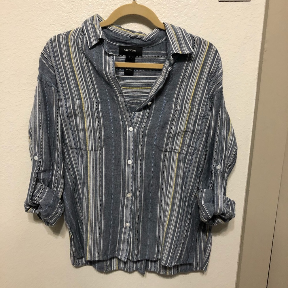 Karen Kane Denim shirt w/yellow & white stripe